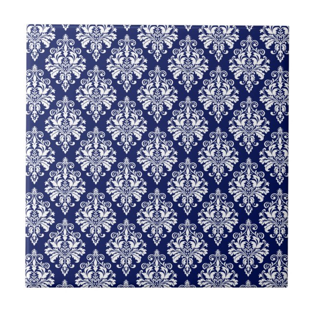 Elegant Navy Blue and White Damask Pattern Tile (Front)