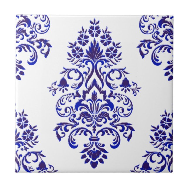 Elegant Navy Blue And White Damask Pattern   Tile (Front)
