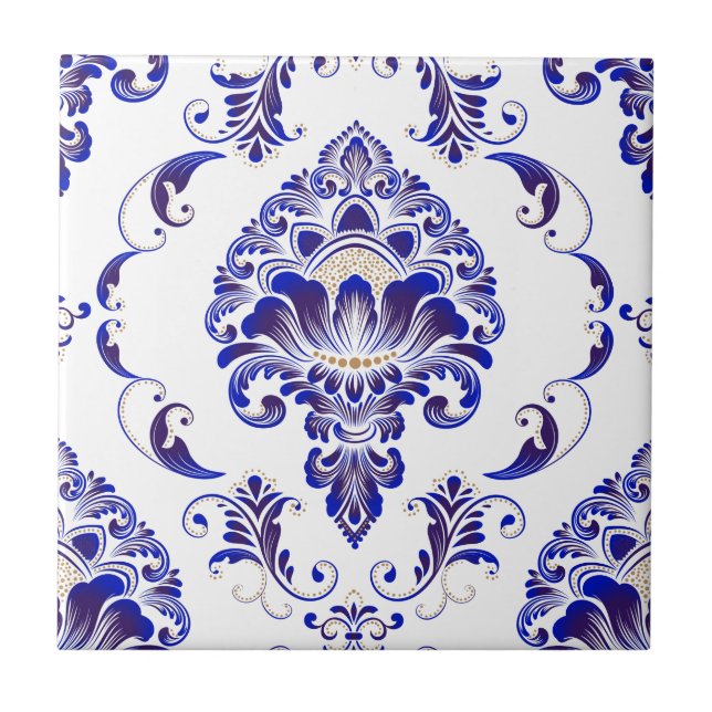 Elegant Navy Blue And White Damask Pattern  Tile (Front)