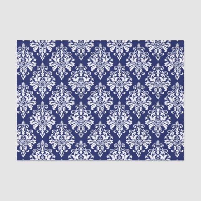 Elegant Navy Blue and White Damask Pattern Tissue Paper (Front)