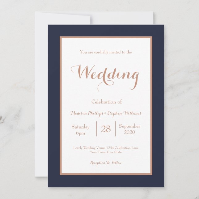 Elegant Navy Blue and White Faux Rose Gold Wedding Invitation (Front)