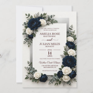 Elegant Navy Blue and White Floral Wedding Invitation