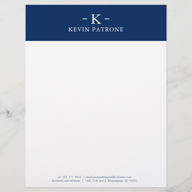 Elegant Navy Blue and White Minimalistic Custom Letterhead (Front)
