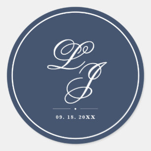 Elegant Navy Blue and White Monogram Classic Round Sticker
