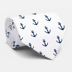 Elegant navy blue and white nautical anchor print tie