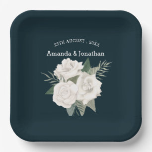 Elegant Navy Blue and White Roses Wedding  Paper Plate