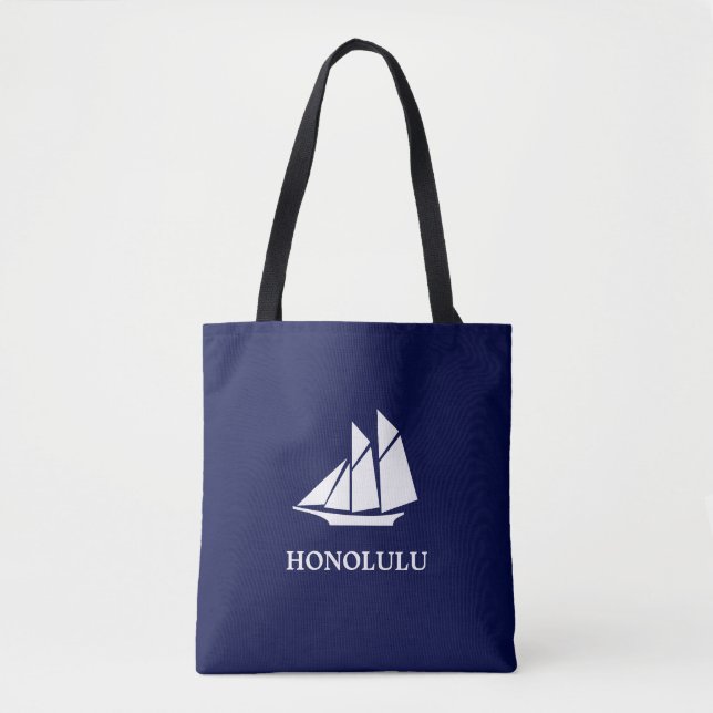 Elegant Navy Blue and White Sailing Yacht Tote Bag (Front)