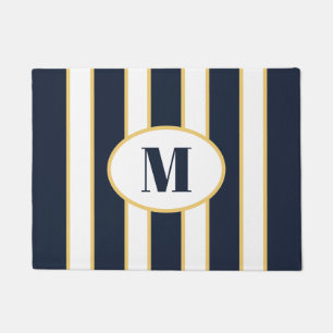 Elegant Navy Blue and White Striped Monogram Doormat