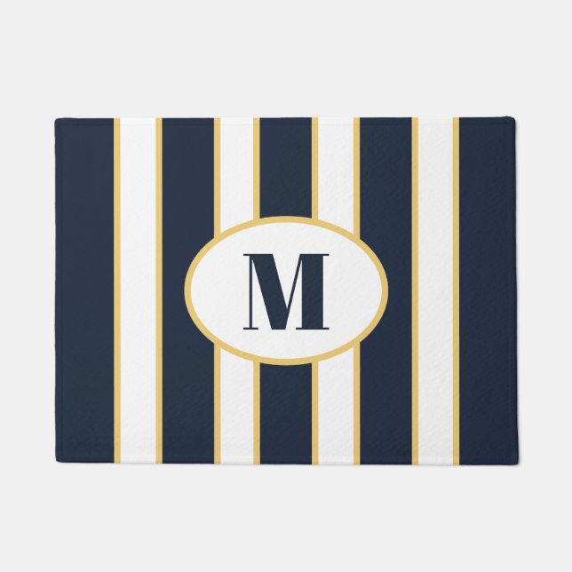 Elegant Navy Blue and White Striped Monogram Doormat (Front)