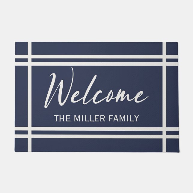 Elegant navy blue and white stripes design  doormat (Front)
