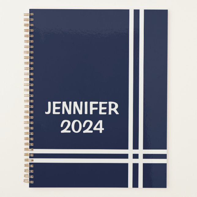 Elegant navy blue and white stripes design  planner (Front)
