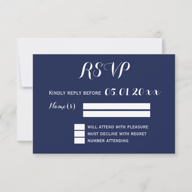 Elegant Navy Blue And White Wedding RSVP Card (Front)