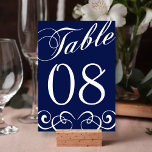 Elegant Navy Blue And White Wedding Table Number<br><div class="desc">Elegant Navy Blue And White Wedding Table Number Cards. 
 
*** HOW TO ORDER ***
Please customise and add each table number card to your cart,  one by one. Zazzle does not currently have a system to allow any customisation of the products after an order has been placed.</div>