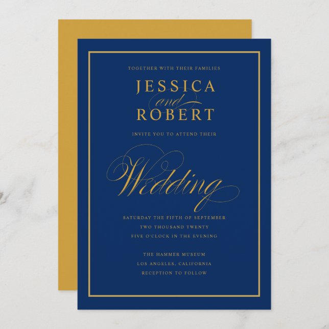 Elegant Navy Blue and Yellow Gold Wedding Invitation (Front/Back)