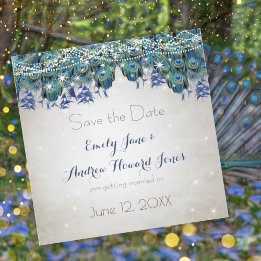 Elegant Navy Blue Aqua Peacock Feathers Typography Magnetic Invitation