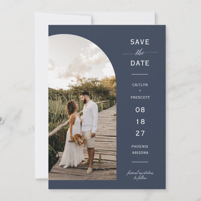 Elegant Navy Blue Arch Photo QR Code Save the Date Invitation (Front)
