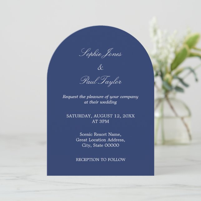 Elegant Navy Blue Arch Wedding Invitation (Standing Front)