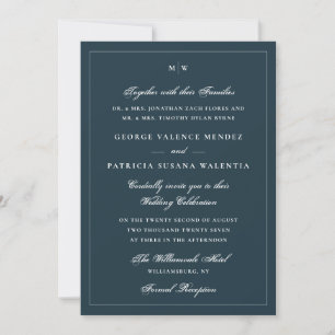 Elegant Navy Blue Black Tie Monogram Wedding Invitation