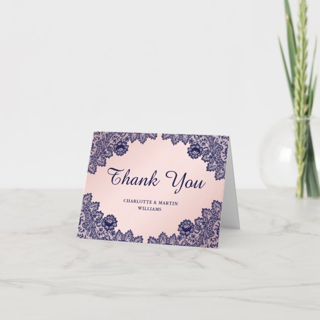 Elegant Navy Blue Blush Chic Floral Lace Wedding Thank You Card (Front)
