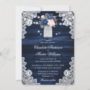 Elegant Navy Blue Blush Floral Wedding Invitation