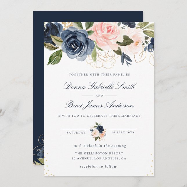 Elegant navy blue & blush floral wedding invitation (Front/Back)