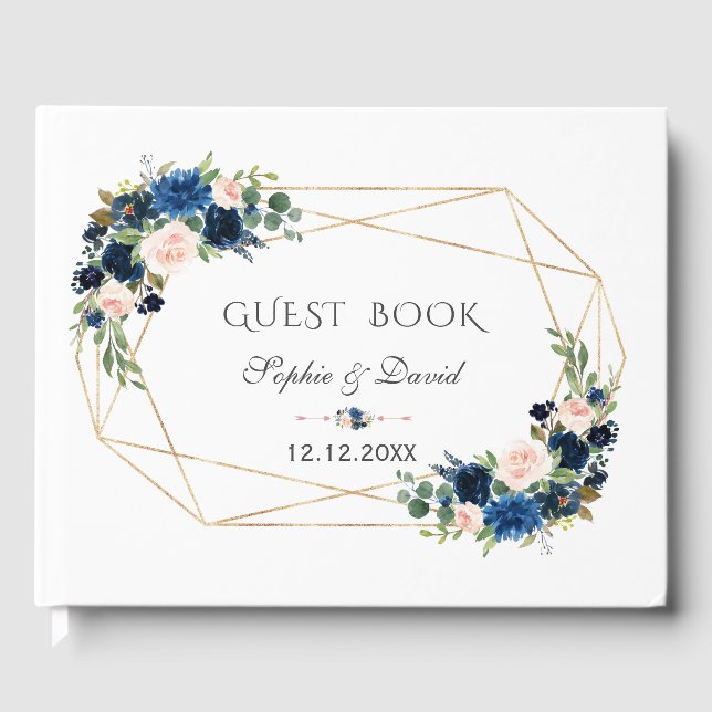 Elegant Navy Blue Blush Flowers Bloom Gold Wedding Guest Book (Front)