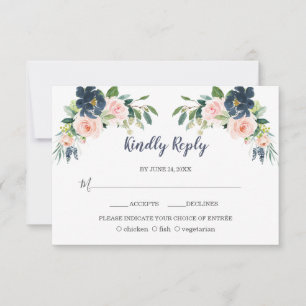 Elegant Navy Blue Blush Flowers Wedding RSVP Card