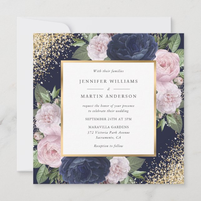 Elegant Navy Blue Blush Gold Floral Wedding Invitation (Front)