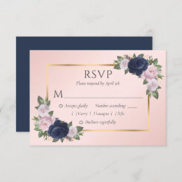 Elegant Navy Blue Blush Gold Wedding RSVP Cards