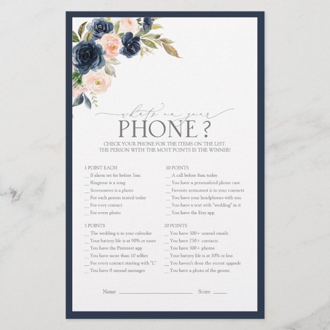 Elegant Navy Blue Blush Pink Bridal Shower Game (Front)