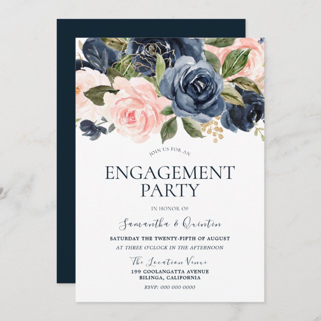 Elegant Navy Blue & Blush Pink Engagement Party Invitation (Front/Back)