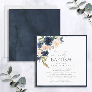 Elegant Navy Blue Blush Pink Floral Baby Baptism Invitation