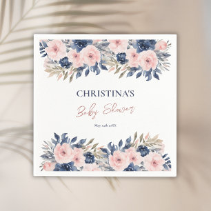 Elegant Navy Blue Blush Pink Floral Baby Shower Napkin