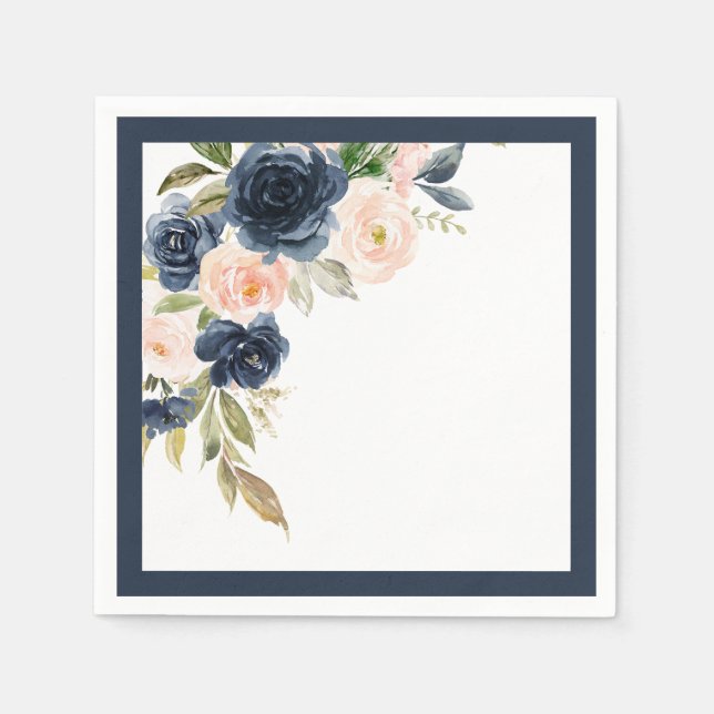 Elegant Navy Blue Blush Pink Floral Bridal Shower Napkin (Front)