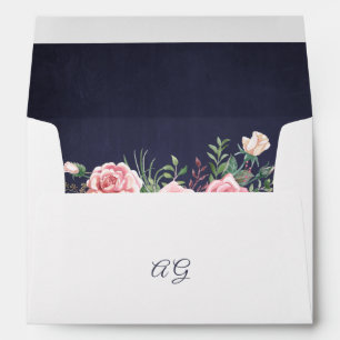 Elegant navy blue blush pink floral wedding envelope