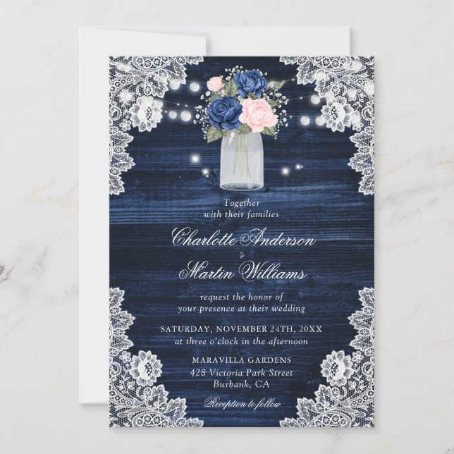 Elegant Navy Blue Blush Pink Floral Wedding Invitation (Front)