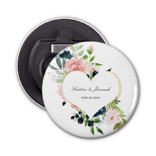 Elegant Navy Blue Blush Pink Rose Floral Wedding Bottle Opener (Front)