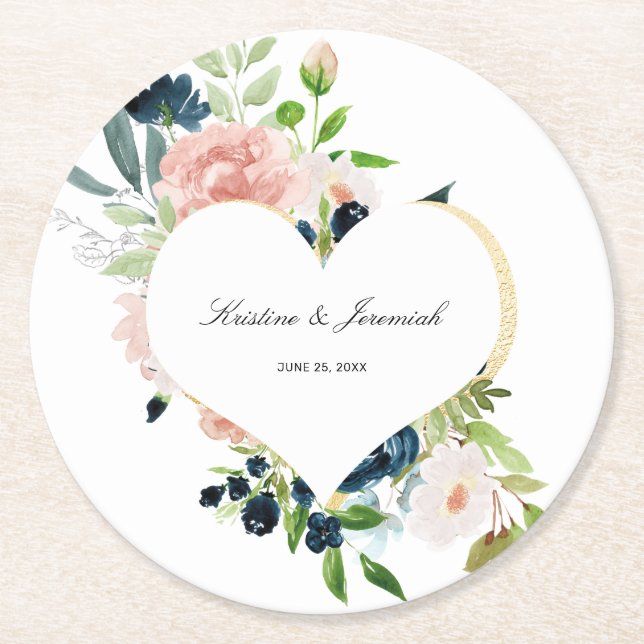Elegant Navy Blue Blush Pink Rose Floral Wedding Round Paper Coaster (Front)