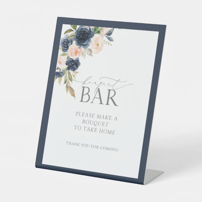 Elegant Navy Blue Blush Pink Shower Bouquet Bar Pedestal Sign (Front)
