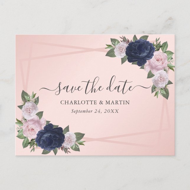 Elegant Navy Blue Blush Pink Wedding Save The Date Announcement Postcard (Front)