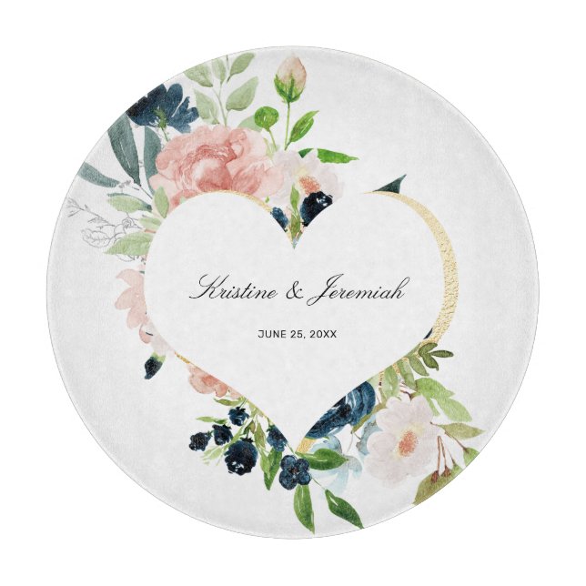 Elegant Navy Blue Blush Rose Floral Heart Wedding  Cutting Board (Front)