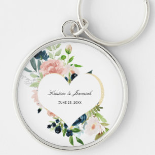 Elegant Navy Blue Blush Rose Floral Heart Wedding Key Ring