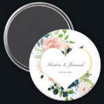 Elegant Navy Blue Blush Rose Floral Heart Wedding  Magnet<br><div class="desc">These custom floral magnets will be perfect to give your guests as wedding favours. This elegant design template features a faux gold heart accented with hand painted navy blue and blush pink watercolor roses with greenery. Personalise your names and wedding date in black script typography. Please check out our I...</div>
