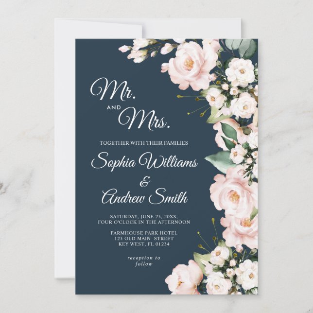 Elegant Navy Blue & Blush Rose Flowers Wedding Invitation (Front)