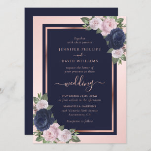 Elegant Navy Blue Blush Rose Gold Floral Wedding Invitation