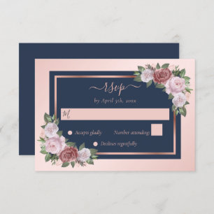 Elegant Navy Blue Blush Rose Gold Floral Wedding RSVP Card