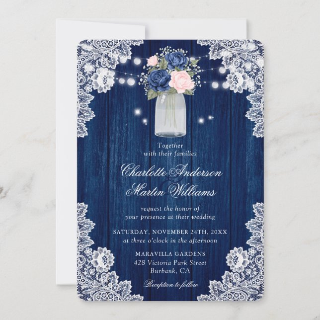Elegant Navy Blue Blush Rustic Floral Wedding Invitation (Front)
