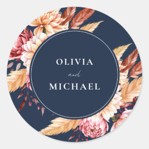 Elegant Navy Blue Boho Chic Floral Wedding Classic Round Sticker