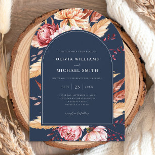 Elegant Navy Blue Boho Chic Floral Wedding Invitation