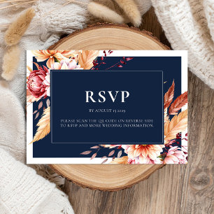 Elegant Navy Blue Boho Chic Floral Wedding RSVP Card